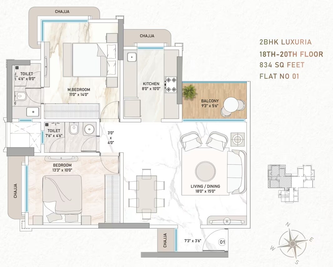 Floor plan of 2 BHK 834 Sq. Ft. Apartment in Baysquare The IVY, Mumbai