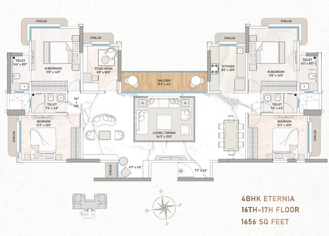 Floor plan of 4 BHK 1648 Sq. Ft. Apartment in Baysquare The IVY, Mumbai