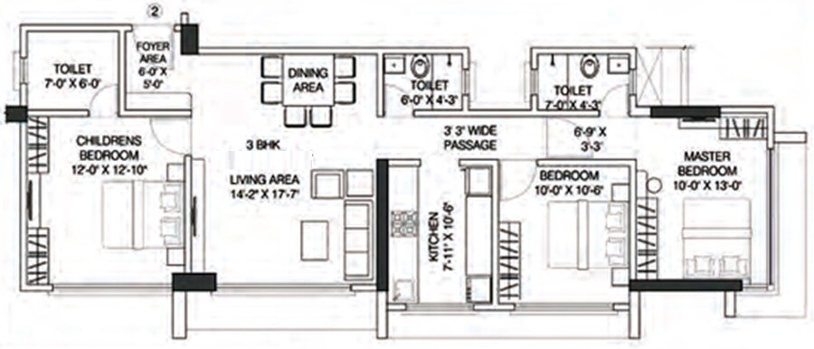 Floor plan of 3 BHK 965 Sq. Ft. Apartment in BB Anmol Residency, Mumbai