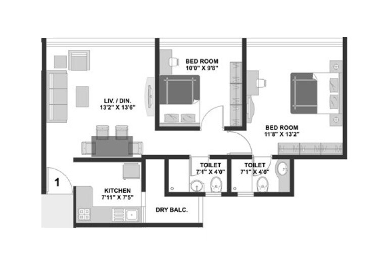 Floor plan of 2 BHK 522 Sq. Ft. Apartment in Bbj Siena, Mumbai