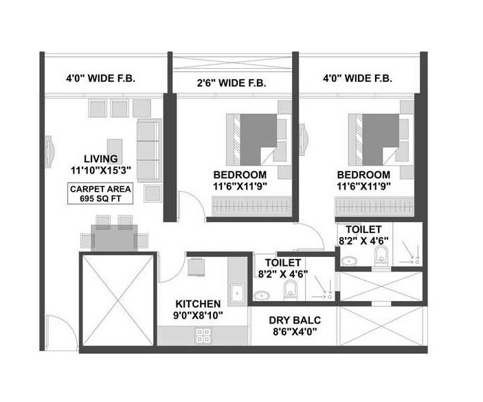 Floor plan of 2 BHK 695 Sq. Ft. Apartment in BBJ Verona, Mumbai