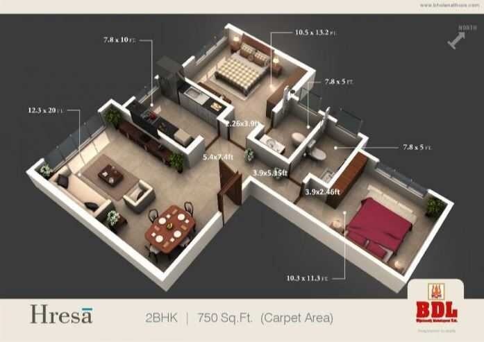 Floor plan of 2 BHK 750 Sq. Ft. Apartment in BDL Hresa, Mumbai