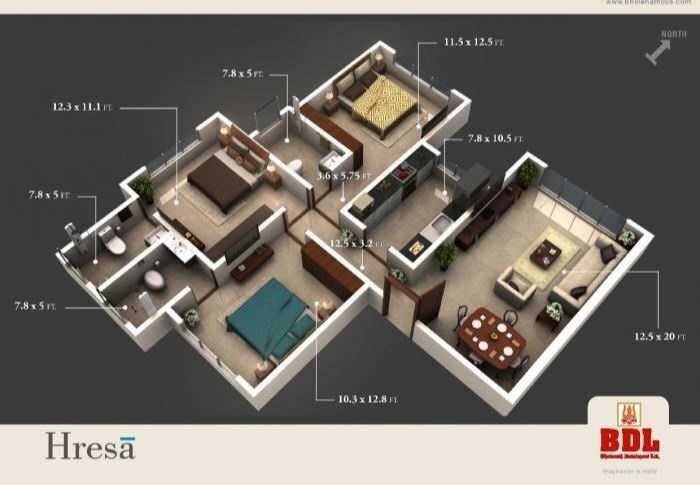 Floor plan of 2 BHK 958 Sq. Ft. Apartment in BDL Hresa, Mumbai