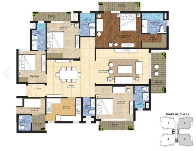 Floor plan of 4 BHK 3245 Sq. Ft. Apartment in Beau Monde, Mumbai