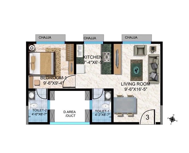 Floor plan of 1 BHK 415 Sq. Ft. Apartment in Beauty Greenstone Heritage, Mumbai