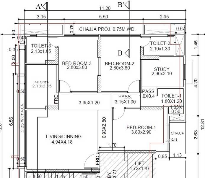 Floor plan of 3 BHK Apartment - 959 sq. ft. in Bella Vista Powai, Mumbai