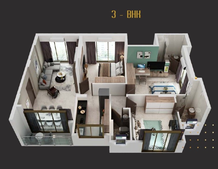 Floor plan of 3 BHK 820 Sq. Ft. Apartment in Best Dev Daya Harmony, Mumbai