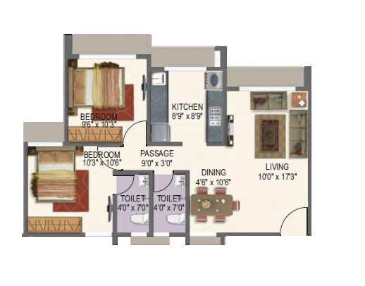 2 BHK 608 Sq. Ft. Apartment