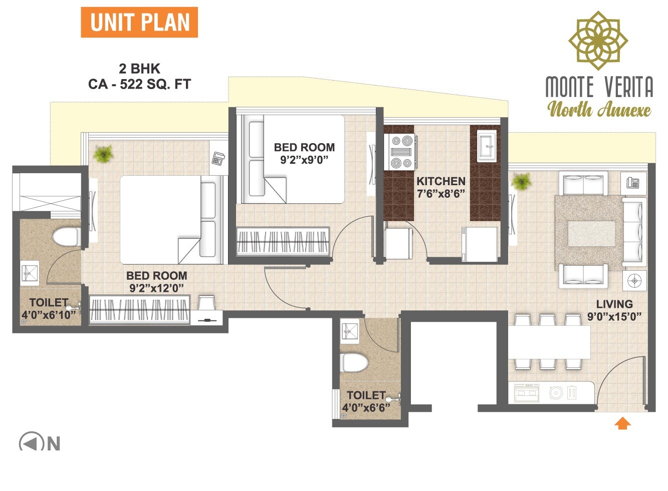 Floor plan of 2 BHK 522 Sq. Ft. Apartment in BG Monte Verita North Annexe, Mumbai