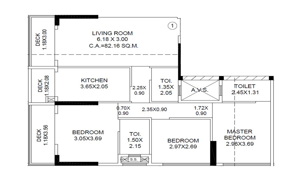 Floor plan of 3 BHK Apartment - 884 sq. ft. in Bhagwan Mahajan Wadi, Mumbai