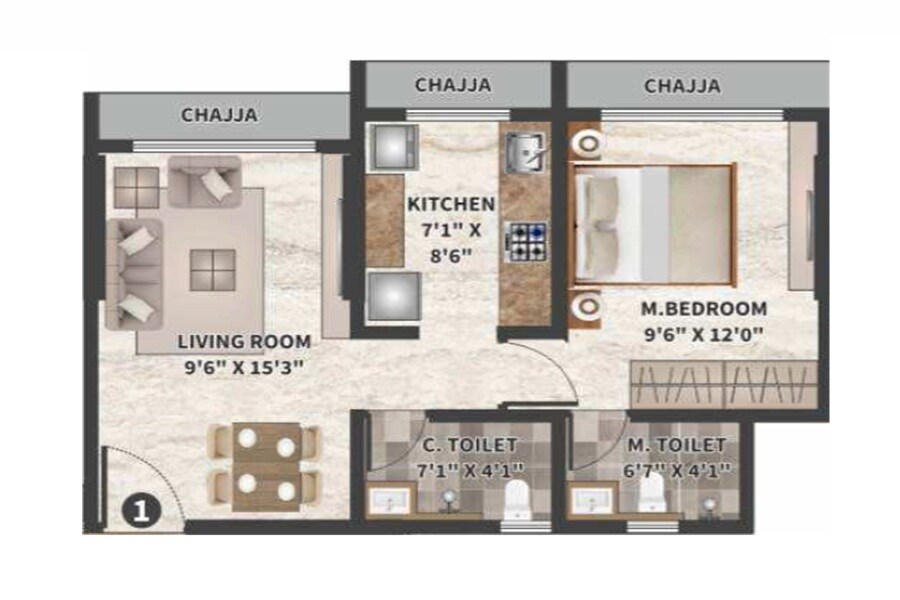 Floor plan of 1 BHK Apartment - 421 sq. ft. in Bhairav Ocean Breeze, Mumbai