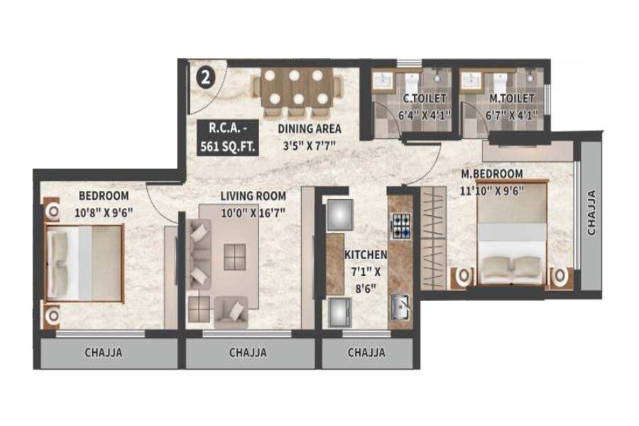 Floor plan of 2 BHK Apartment - 561 sq. ft. in Bhairav Ocean Breeze, Mumbai