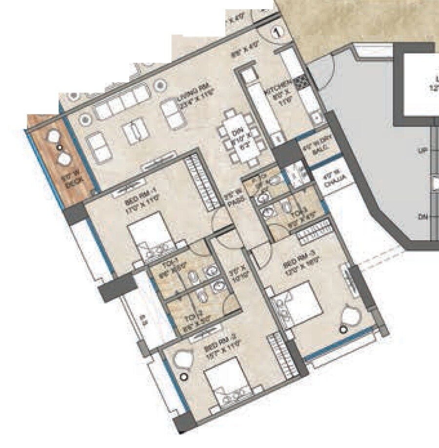 Floor plan of 3 BHK 1251 Sq. Ft. Apartment in Bharat Auravistas, Mumbai