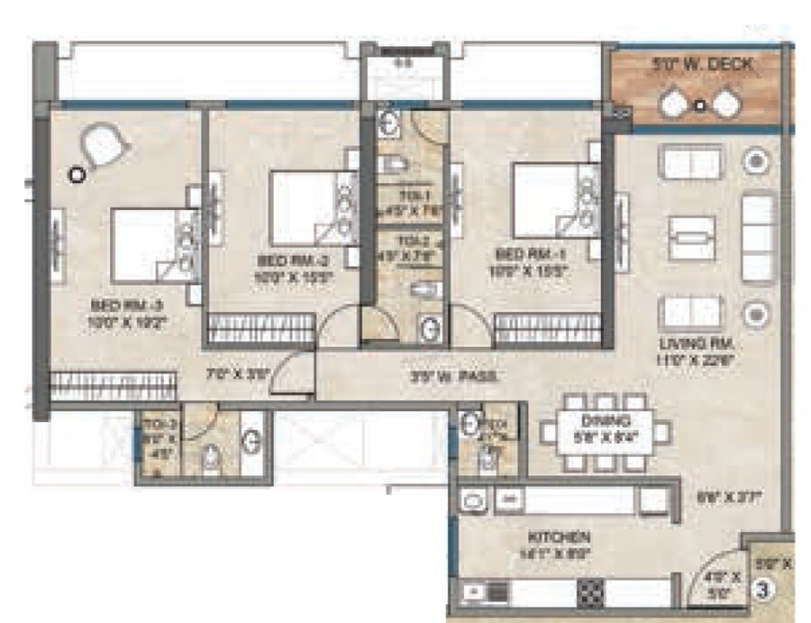 Floor plan of 3 BHK 1275 Sq. Ft. Apartment in Bharat Auravistas, Mumbai