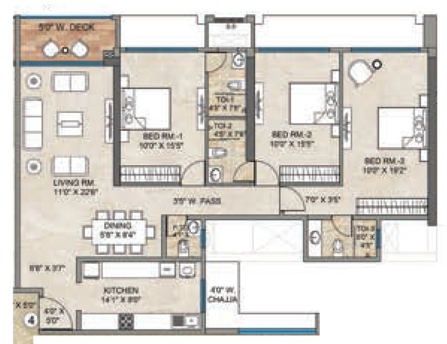 Floor plan of 3 BHK 1360 Sq. Ft. Apartment in Bharat Auravistas, Mumbai