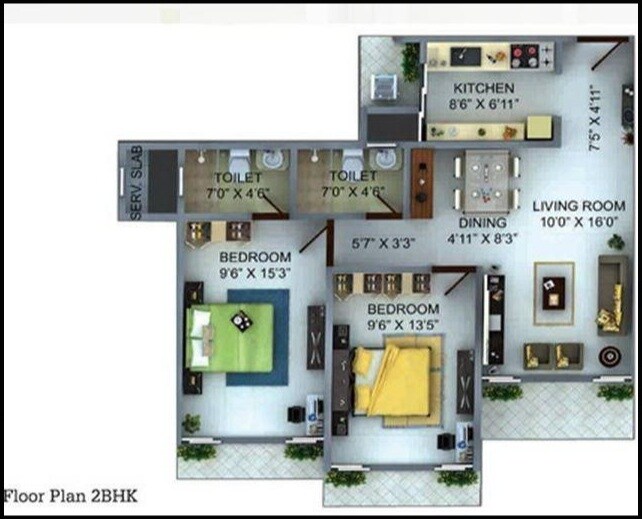 Floor plan of 2 BHK 1150 Sq. Ft. Apartment in Bharat Belmonte, Mumbai