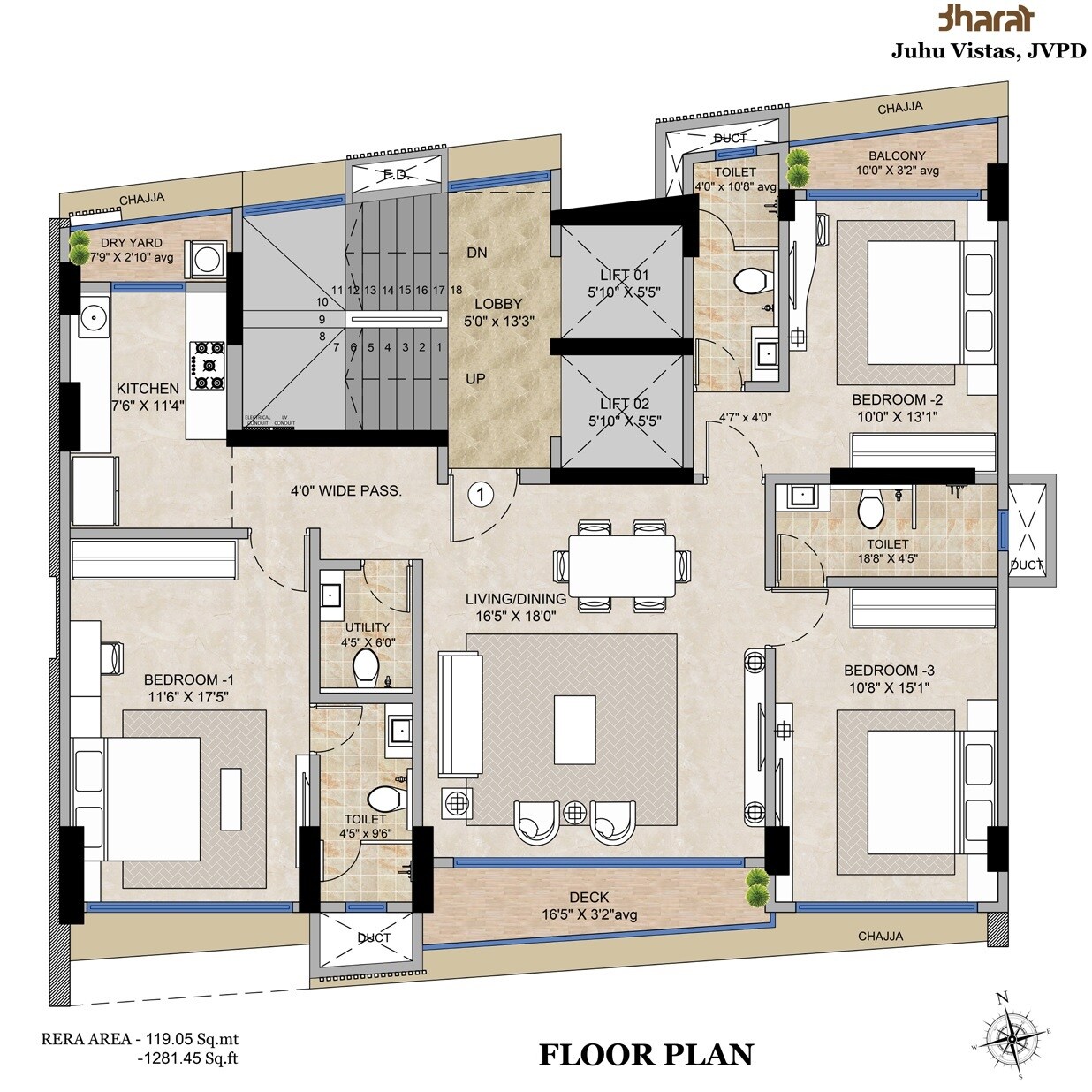 Floor plan of 3 BHK 1281 Sq. Ft. Apartment in Bharat Juhu Vistas, Mumbai