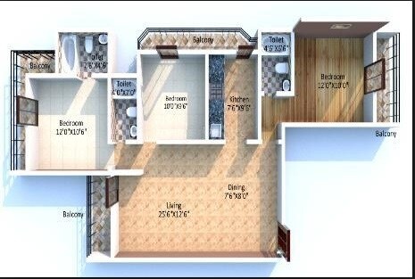Floor plan of 3 BHK 1375 Sq. Ft. Apartment in Bharat Parkvistas, Mumbai