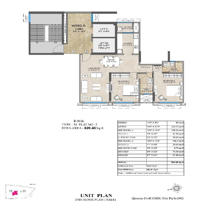 Floor plan of 2 BHK 826 Sq. Ft. Apartment in Bharat Queens Croft CHS, Mumbai