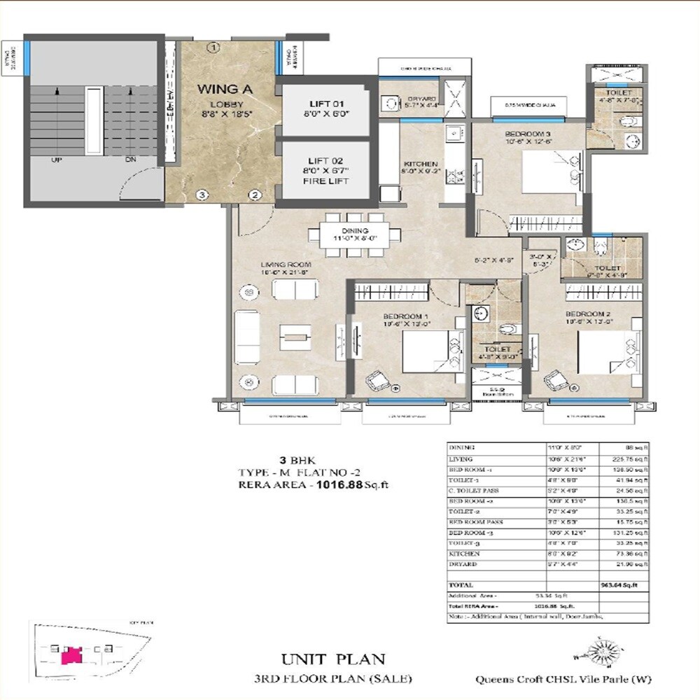 Floor plan of 3 BHK 1017 Sq. Ft. Apartment in Bharat Queens Croft CHS, Mumbai