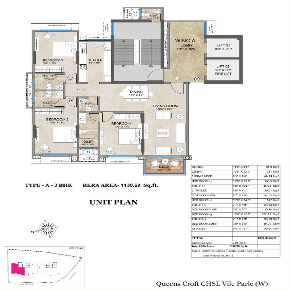 Floor plan of 3 BHK 1138 Sq. Ft. Apartment in Bharat Queens Croft CHS, Mumbai