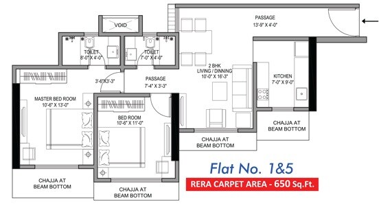 Floor plan of 2 BHK 650 Sq. Ft. Apartment in Bhatia Esspee Towers, Mumbai