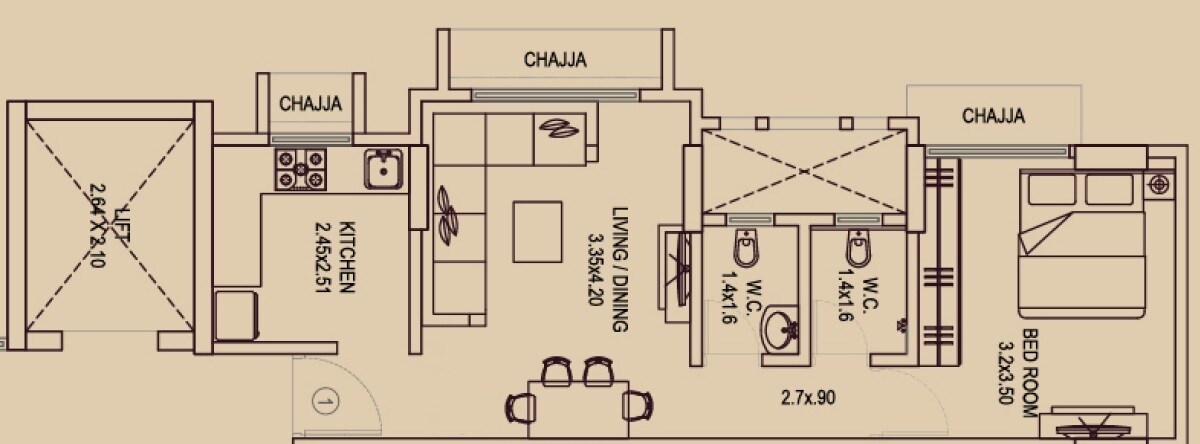 Floor plan of 1 BHK 525 Sq. Ft. Apartment in Bholenath Ambaji Niketan, Mumbai