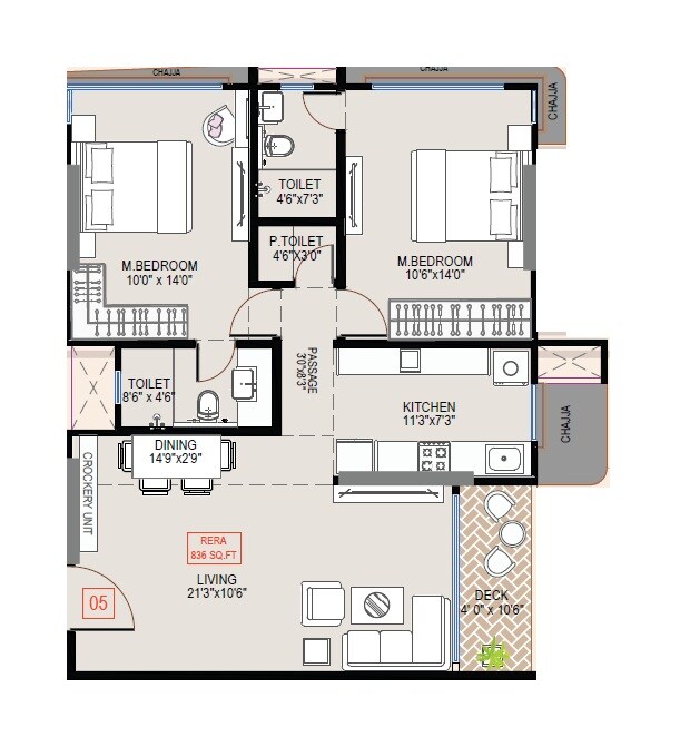 2 BHK 830 Sq. Ft. Apartment