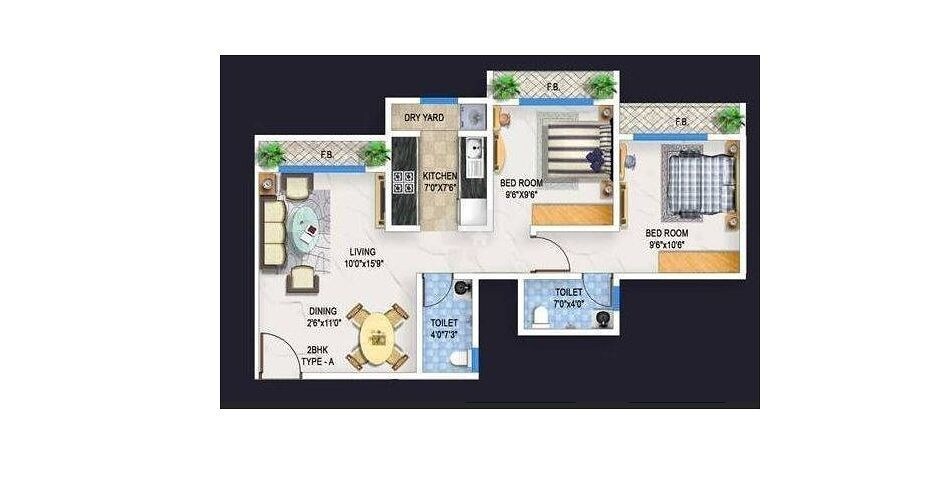 Floor plan of 2 BHK 1000 Sq. Ft. Apartment in Bhoomi Arcade, Mumbai