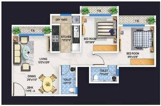 Floor plan of 2 BHK 1035 Sq. Ft. Apartment in Bhoomi Arcade, Mumbai