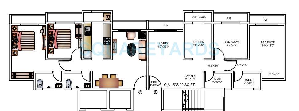 Floor plan of 2 BHK 538 Sq. Ft. Apartment in Bhoomi Arkade, Mumbai