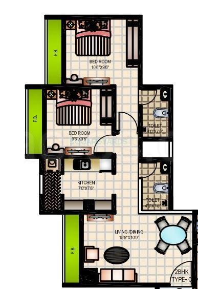 2 BHK 905 Sq. Ft. Apartment