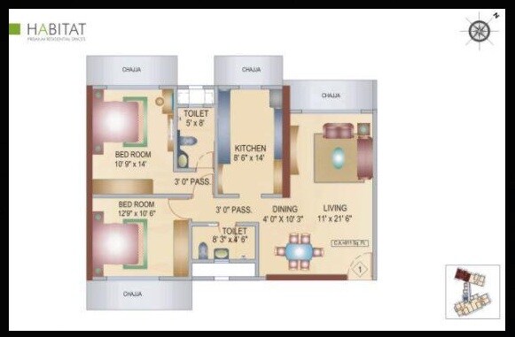 Floor plan of 2 BHK 811 Sq. Ft. Apartment in Bhoomi Aura Biplex Habitat, Mumbai
