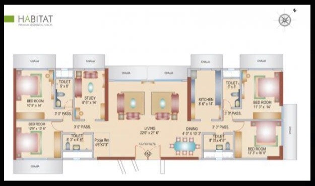 Floor plan of 4 BHK 1637 Sq. Ft. Apartment in Bhoomi Aura Biplex Habitat, Mumbai