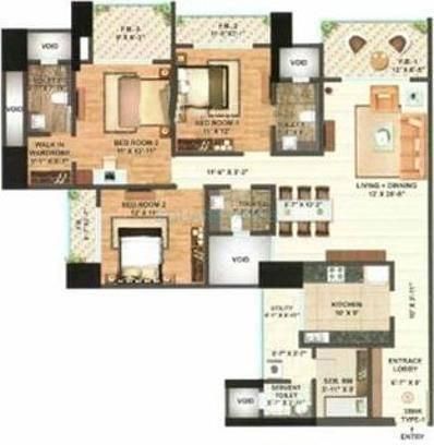 Floor plan of 3 BHK 1281 Sq. Ft. Apartment in Bhoomi Celestia, Mumbai