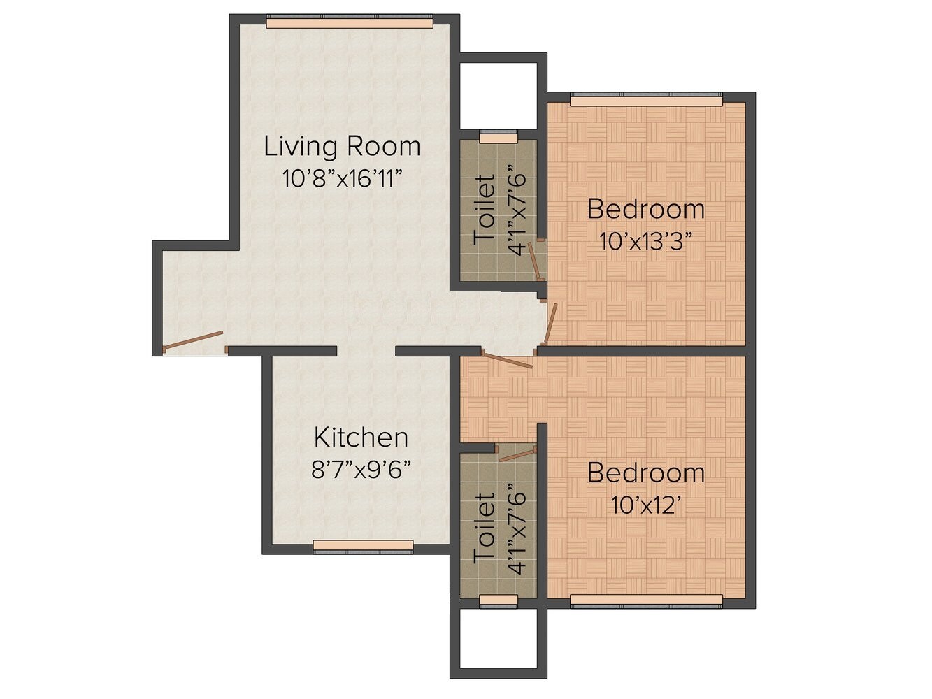 Floor plan of 2 BHK 890 Sq. Ft. Apartment in Bhoomi Diamond, Mumbai