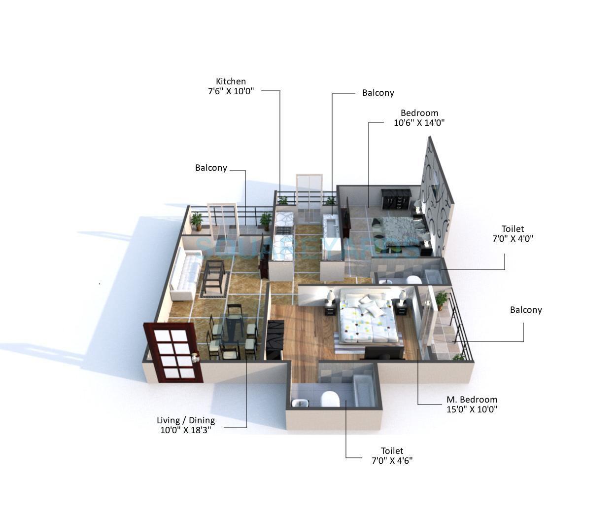 Floor plan of 2 BHK 1027 Sq. Ft. Apartment in Bhoomi Ekta Garden Phase 1, Mumbai
