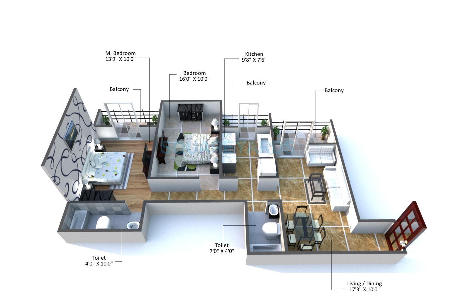 Floor plan of 2 BHK 1665 Sq. Ft. Apartment in Bhoomi Ekta Garden Phase 1, Mumbai