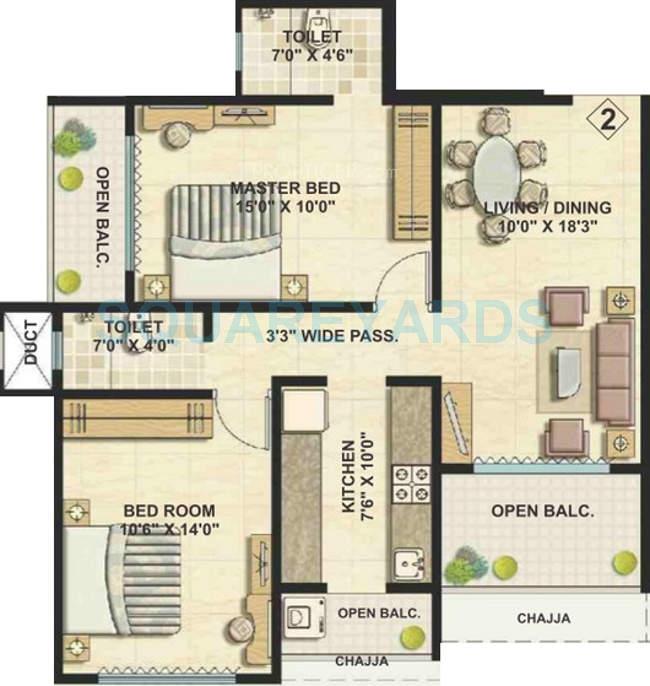 Floor plan of 2 BHK 1255 Sq. Ft. Apartment in Bhoomi Ekta Garden Phase 3, Mumbai