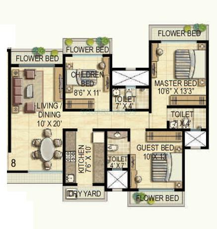 Floor plan of 3 BHK 1665 Sq. Ft. Apartment in Bhoomi Ekta Garden Phase 3, Mumbai