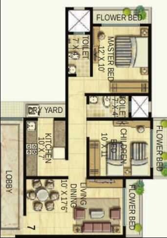 Floor plan of 2 BHK 1027 Sq. Ft. Apartment in Bhoomi Ekta Garden Phase III, Mumbai