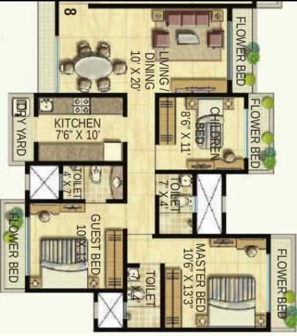 Floor plan of 3 BHK 1665 Sq. Ft. Apartment in Bhoomi Ekta Garden Phase III, Mumbai