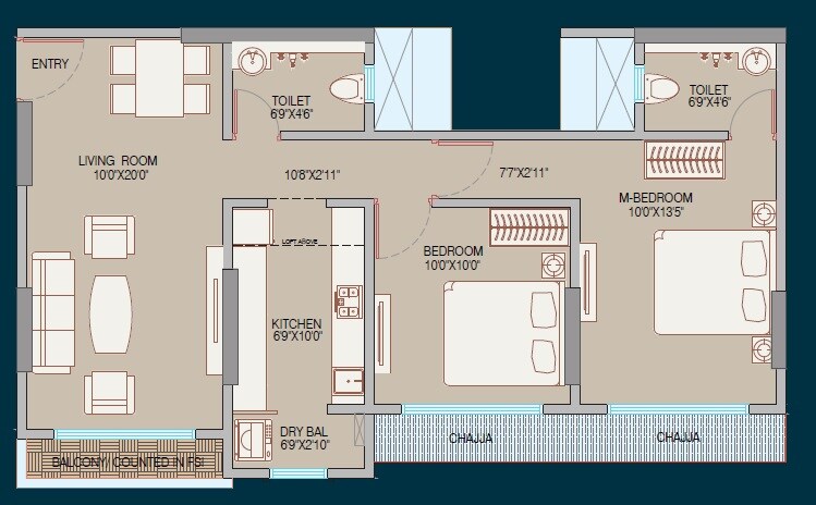 Floor plan of 2 BHK 607 Sq. Ft. Apartment in Bhoomi Harmony, Mumbai