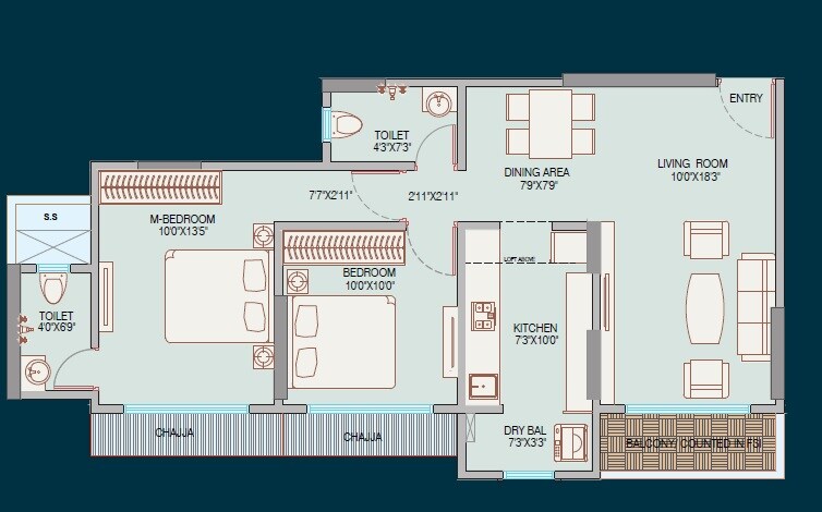Floor plan of 2 BHK 678 Sq. Ft. Apartment in Bhoomi Harmony, Mumbai