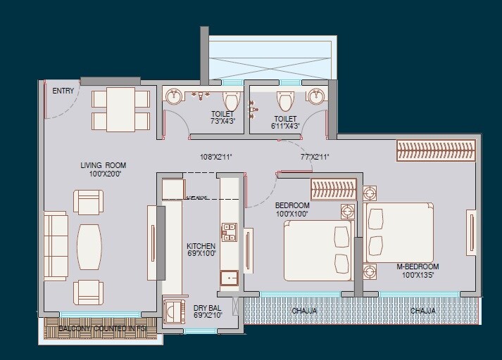 Floor plan of 2 BHK 705 Sq. Ft. Apartment in Bhoomi Harmony, Mumbai