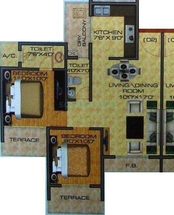 Floor plan of 2 BHK 980 Sq. Ft. Apartment in Bhoomi Heights Mumbai, Mumbai