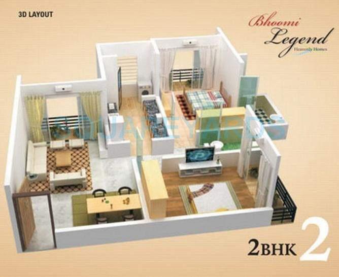 Floor plan of 2 BHK 1000 Sq. Ft. Apartment in Bhoomi Legend, Mumbai