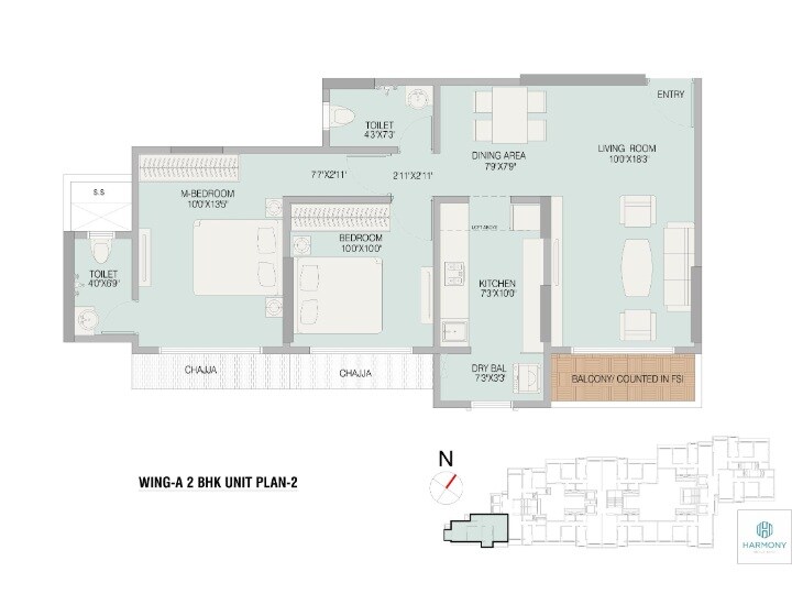 Floor plan of 2 BHK 607 Sq. Ft. Apartment in Bhoomi Midas, Mumbai