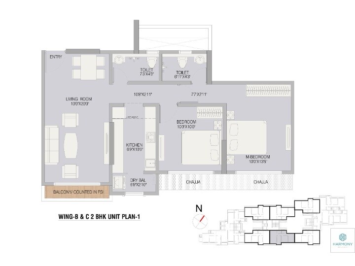 Floor plan of 2 BHK 704 Sq. Ft. Apartment in Bhoomi Midas, Mumbai