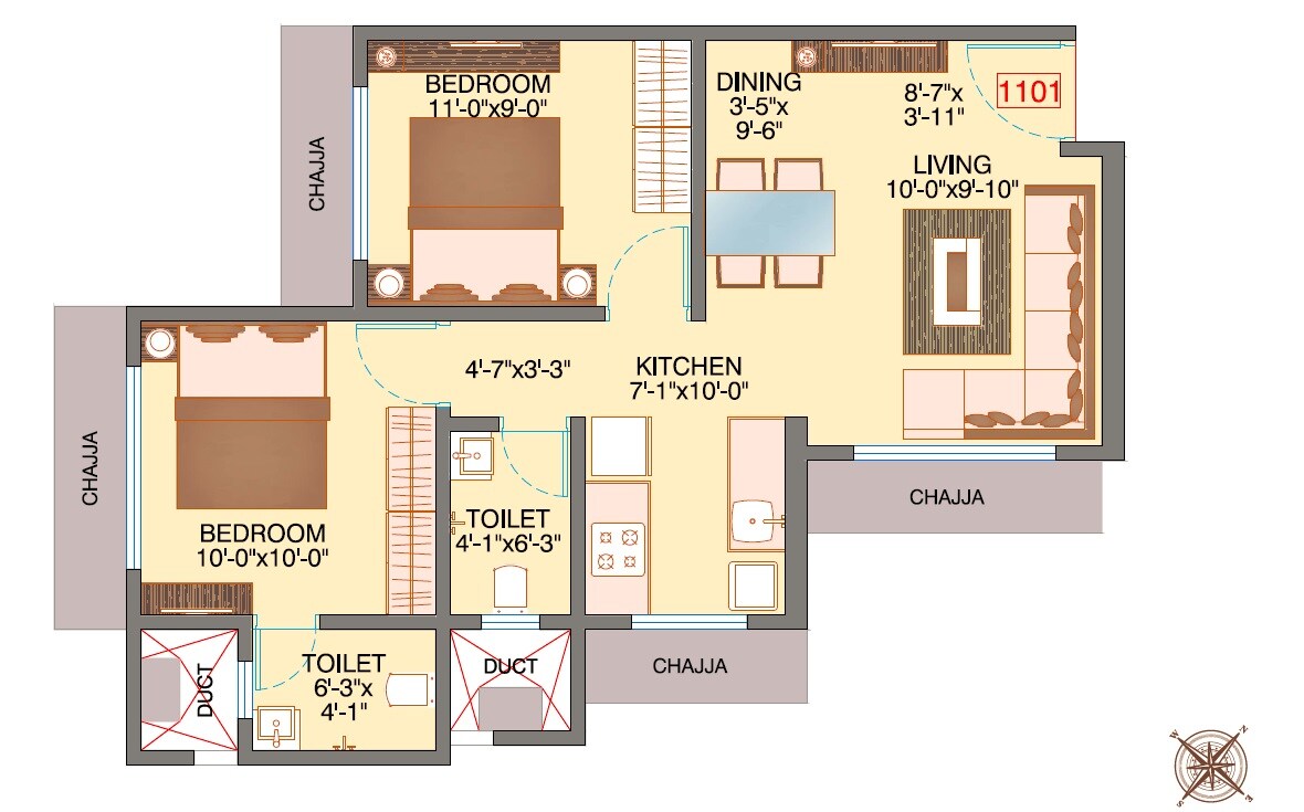 Floor plan of 2 BHK 527 Sq. Ft. Apartment in Bhoomi New Vandana CHSL, Mumbai
